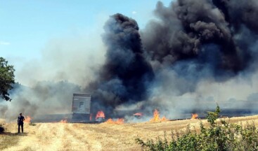 Buğday yüklenen TIR tarlada alev aldı