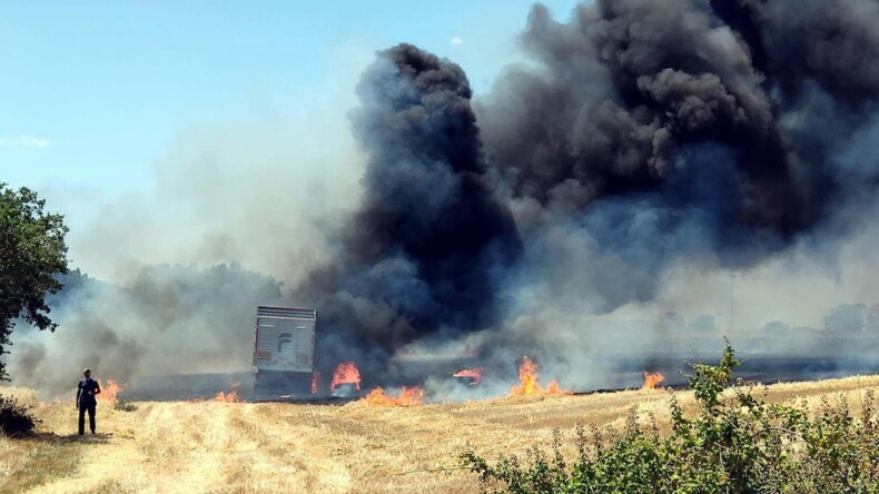 Buğday yüklenen TIR tarlada alev aldı